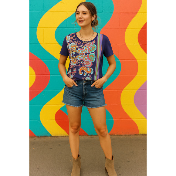 Maeve for Anthropologie Maddie Printed Paisley Top | Purple Multicolor | Size S - Picture 2 of 10